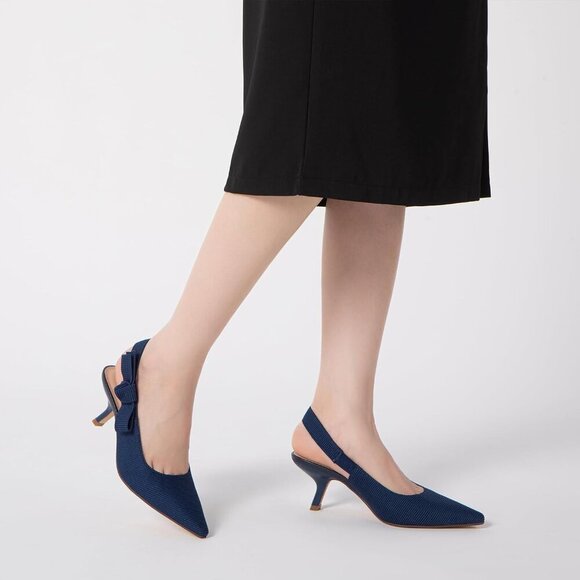 🆕Women's Navy Fabric Sling back Kitten Heels Closed Pointed Toe Bowknot Pumps - Picture 6 of 6